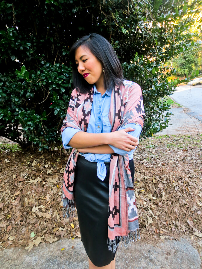 outfit: chambray shirt, scarf, leather skirt | tide & bloom